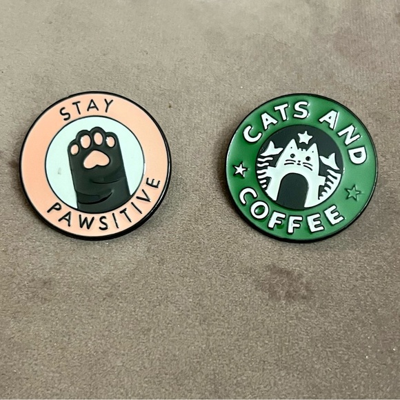 New Pair of cute Cat Pins- stay pawsitive & cats and coffee - Picture 1 of 4